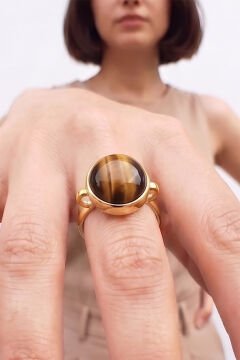 Luna Model Doğal Kaplangözü Taşlı Gümüş Kadın Yüzük 11 - Altın Rengi