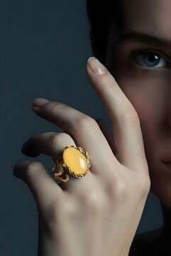 Ağaç Model Sarı Akik Taşlı El İşi Gümüş Yüzük 10 - Altın Rengi