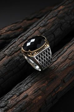 Siyah Zirkon Taşlı Gümüş Erkek Yüzük