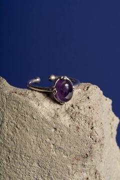 Doğal Ametist Taşlı Minimal Gümüş Ayarlanabilir Kadın Yüzük