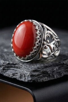 Mercan Taşlı Özel Tasarım El İşçiliği Erkek Gümüş Yüzük