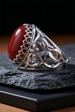 Mercan Taşlı Özel Tasarım El İşçiliği Erkek Gümüş Yüzük