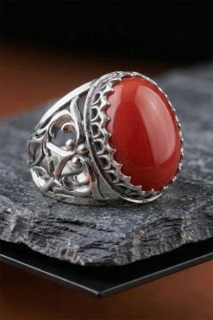 Mercan Taşlı Özel Tasarım El İşçiliği Erkek Gümüş Yüzük