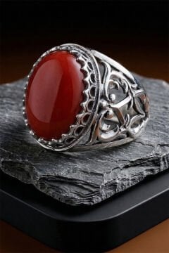 Mercan Taşlı Özel Tasarım El İşçiliği Erkek Gümüş Yüzük