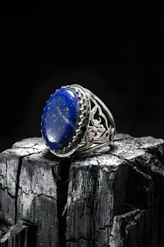 Ters Lale Desenli El İşi Lapis Lazuli Taşlı Gümüş Yüzük