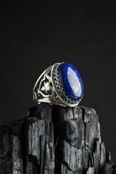 Ters Lale Desenli El İşi Lapis Lazuli Taşlı Gümüş Yüzük
