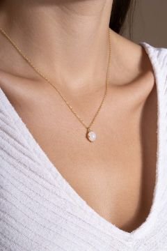 Doğal Ay Taşı Taşlı Minimal Gümüş Kadın Kolye Altın Rengi