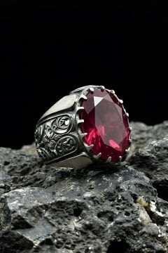 Erzurum Kalem İşçiliği Beyzade Model Yakut Zirkon Taşlı Erkek Yüzük