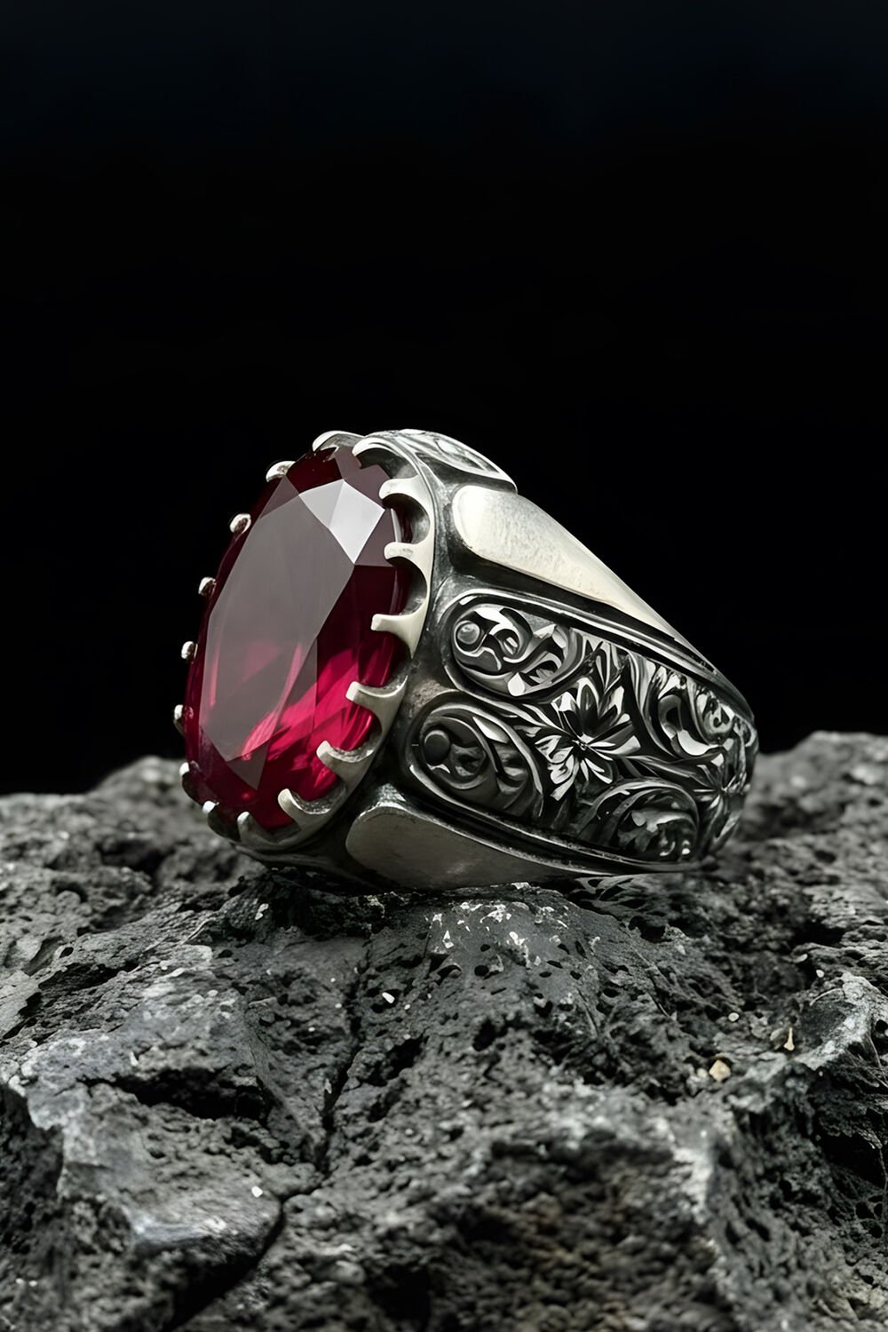 Erzurum Kalem İşçiliği Beyzade Model Yakut Zirkon Taşlı Erkek Yüzük