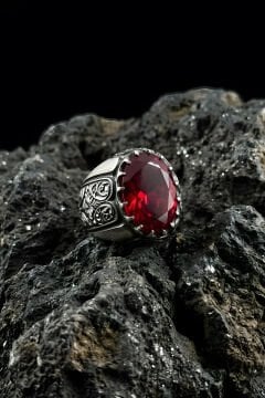 Erzurum Kalem İşçiliği Beyzade Model Yakut Zirkon Taşlı Erkek Yüzük