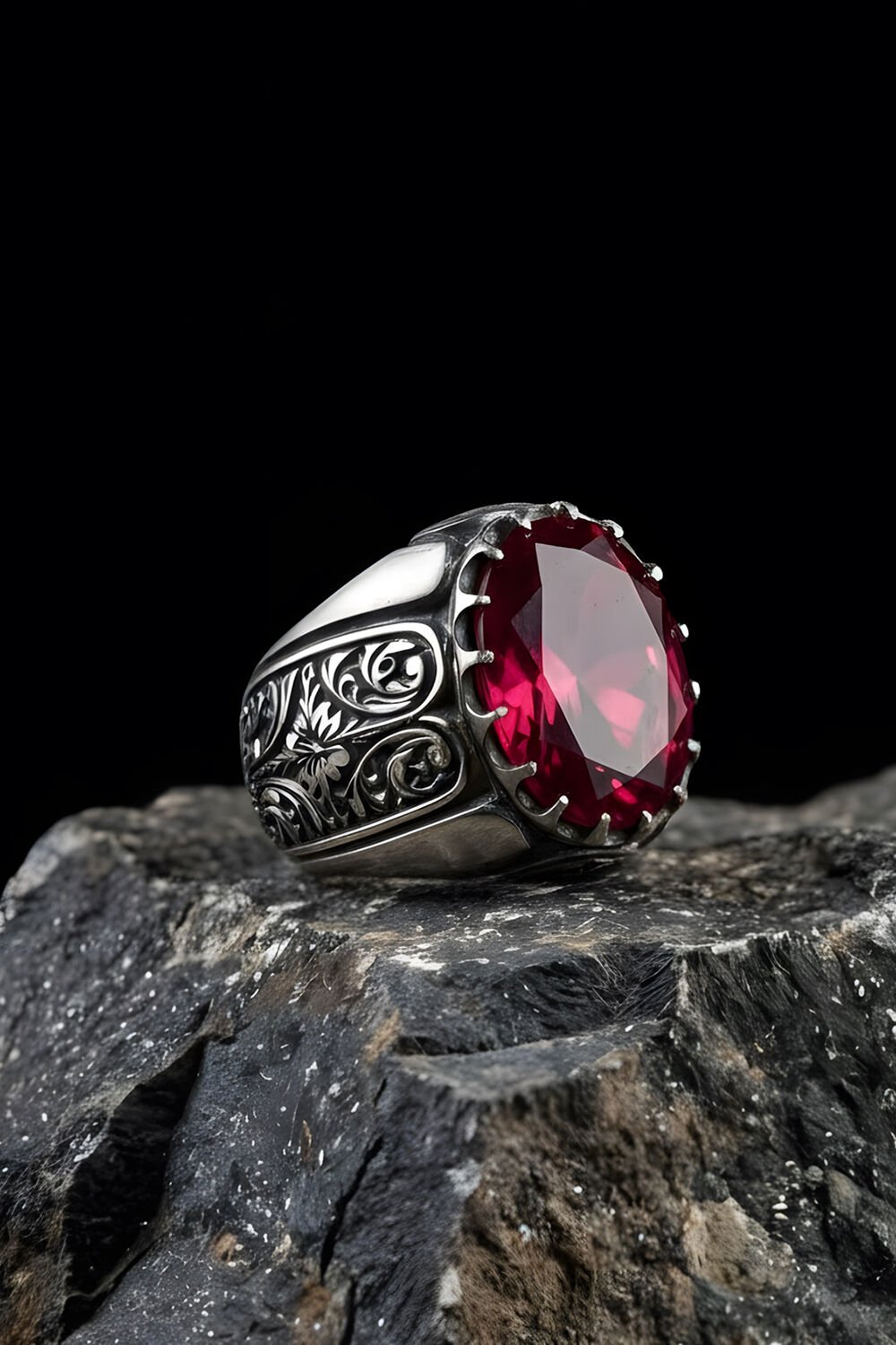 Erzurum Kalem İşçiliği Beyzade Model Yakut Zirkon Taşlı Erkek Yüzük