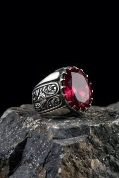 Erzurum Kalem İşçiliği Beyzade Model Yakut Zirkon Taşlı Erkek Yüzük