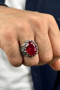 Erzurum Kalem İşçiliği Beyzade Model Yakut Zirkon Taşlı Erkek Yüzük