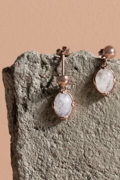 Doğal Ay Taşı Taşlı Minimal Gümüş Kadın Küpe Rose Rengi