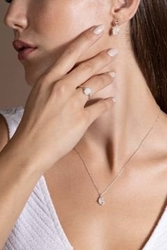 Doğal Ay Taşı Taşlı Minimal Gümüş Kadın Takı Seti