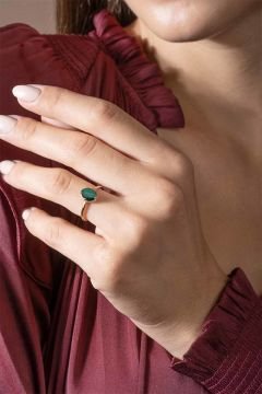 Malahit Taşlı Minimal Gümüş Ayarlanabilir Kadın Yüzük Rose Rengi - 11