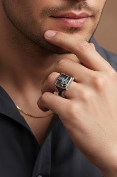 Kare Model Osmanlı Tuğralı Gümüş Yüzük