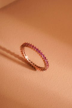 Yakut Renk Zirkon Taşlı Tek Sıra Tamtur Yüzük 16 - Rose Rengi