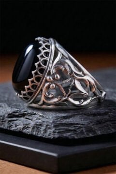 Oniks Taşlı Özel Tasarım El İşçiliği Erkek Gümüş Yüzük