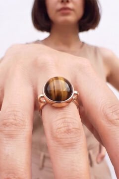 Luna Model Doğal Kaplangözü Taşlı Gümüş Kadın Yüzük 13 - Rose Rengi