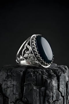 Ters Lale Desenli El İşi Oniks Taşlı Gümüş Yüzük