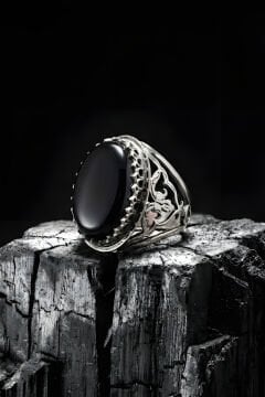 Ters Lale Desenli El İşi Oniks Taşlı Gümüş Yüzük