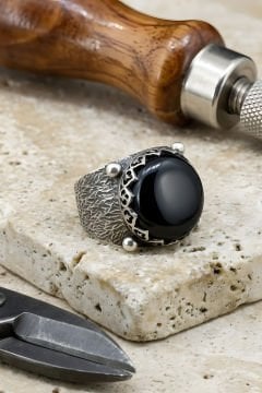 Ağaç Kabuğu Model El İşi Oniks Taşlı Gümüş Yüzük