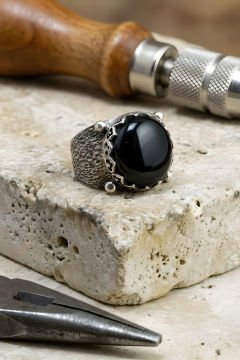 Ağaç Kabuğu Model El İşi Oniks Taşlı Gümüş Yüzük