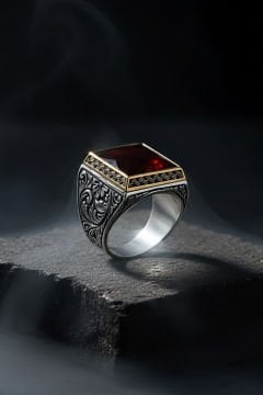Kare Model Kalem İşlemeli Kırmızı Taşlı Yüzük