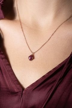 Doğal Yakut Taşlı Minimal Gümüş Kadın Kolye Rose Rengi