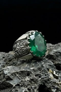 Erzurum Kalem İşçiliği Beyzade Model Zümrüt Zirkon Taşlı Erkek Yüzük