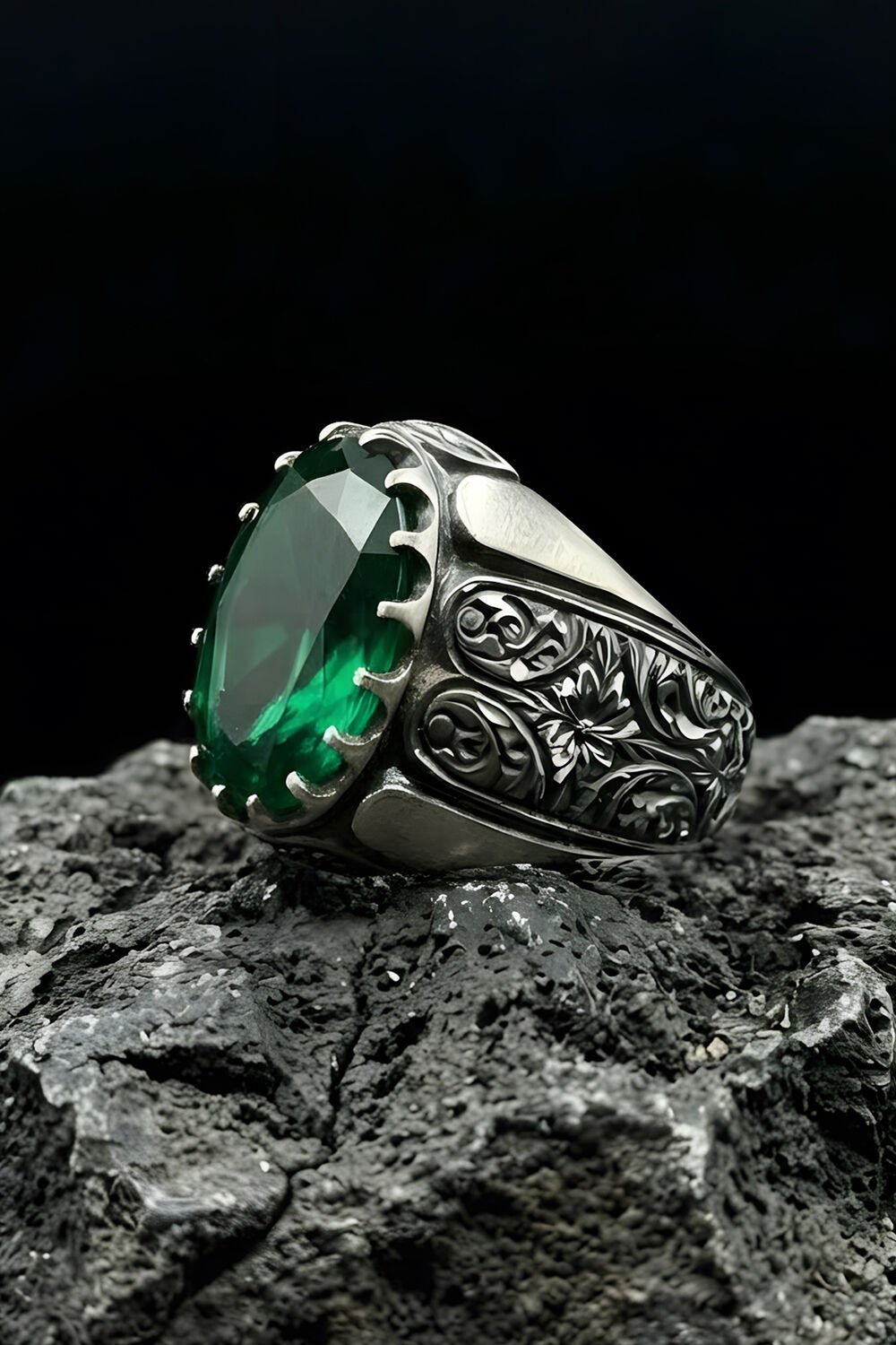 Erzurum Kalem İşçiliği Beyzade Model Zümrüt Zirkon Taşlı Erkek Yüzük