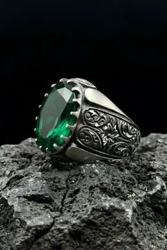 Erzurum Kalem İşçiliği Beyzade Model Zümrüt Zirkon Taşlı Erkek Yüzük