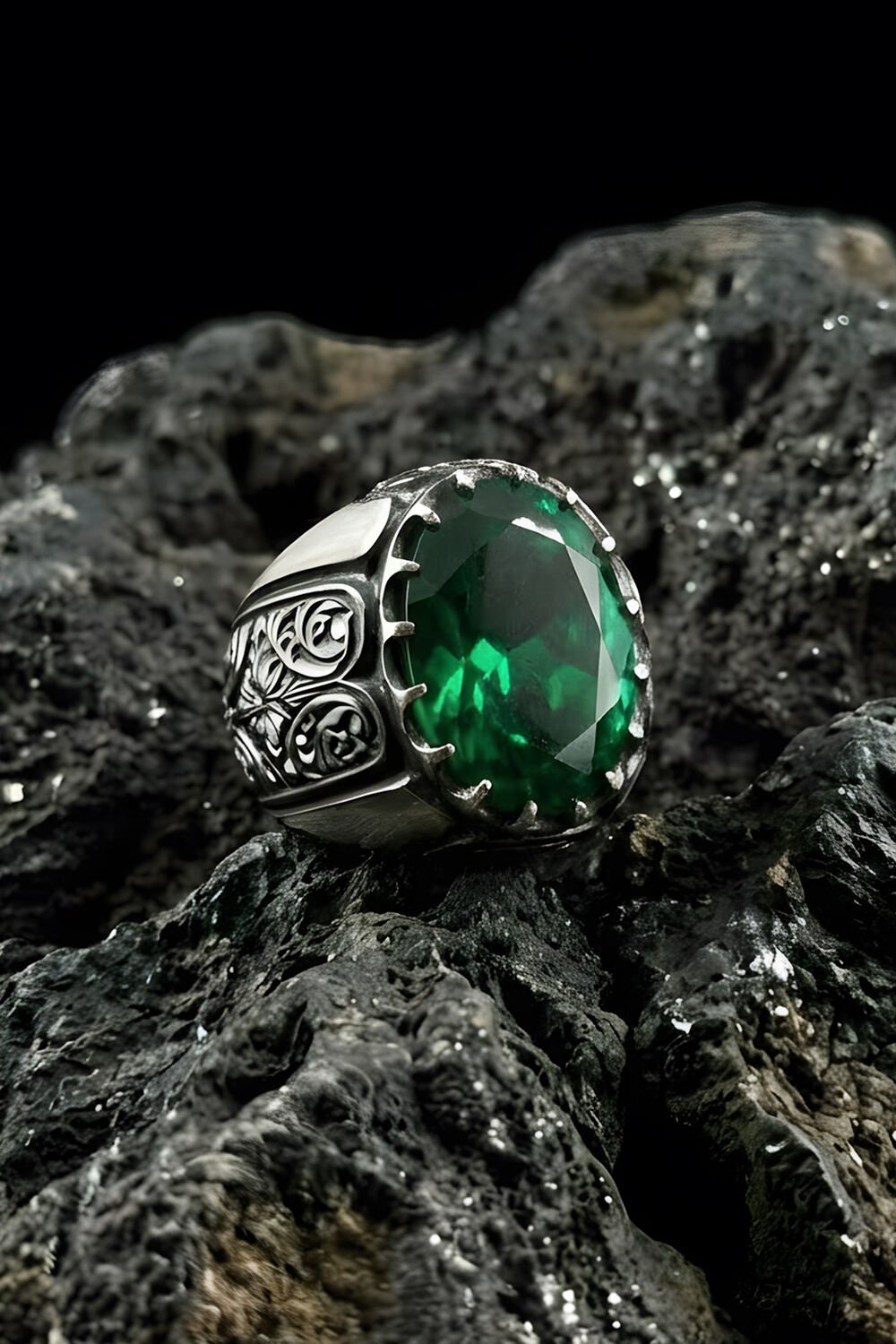 Erzurum Kalem İşçiliği Beyzade Model Zümrüt Zirkon Taşlı Erkek Yüzük