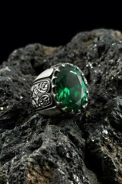 Erzurum Kalem İşçiliği Beyzade Model Zümrüt Zirkon Taşlı Erkek Yüzük