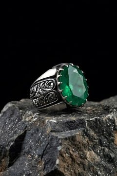 Erzurum Kalem İşçiliği Beyzade Model Zümrüt Zirkon Taşlı Erkek Yüzük