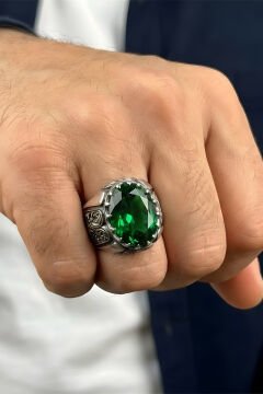 Erzurum Kalem İşçiliği Beyzade Model Zümrüt Zirkon Taşlı Erkek Yüzük