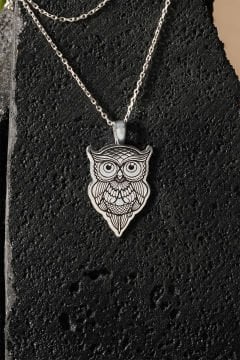 Baykuş Model Siyah Mineli Gümüş Kolye