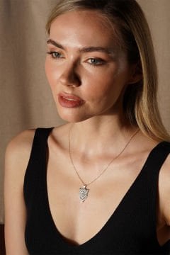 Baykuş Model Siyah Mineli Gümüş Kolye