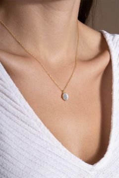 Sedef Taşlı Minimal Gümüş Kadın Kolye Altın Rengi