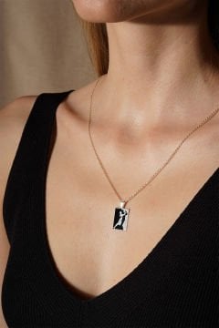 Dans Eden Çift Model Siyah Mineli Gümüş Kolye