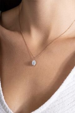 Sedef Taşlı Minimal Gümüş Kadın Kolye Rose Rengi