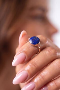 Luna Model Doğal Lapis Lazuli Taşlı Gümüş Kadın Yüzük 25 - Rose Rengi