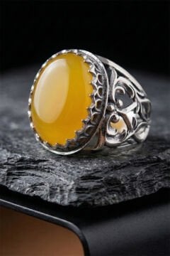 Sarı Akik Taşlı Özel Tasarım El İşçiliği Erkek Gümüş Yüzük