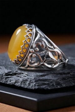 Sarı Akik Taşlı Özel Tasarım El İşçiliği Erkek Gümüş Yüzük