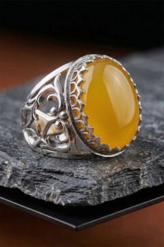 Sarı Akik Taşlı Özel Tasarım El İşçiliği Erkek Gümüş Yüzük