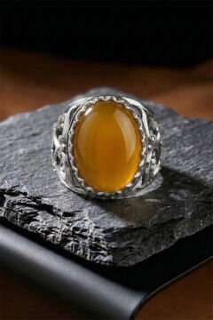 Sarı Akik Taşlı Özel Tasarım El İşçiliği Erkek Gümüş Yüzük