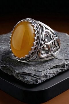 Sarı Akik Taşlı Özel Tasarım El İşçiliği Erkek Gümüş Yüzük
