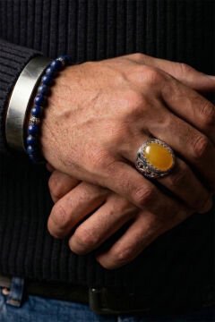 Sarı Akik Taşlı Özel Tasarım El İşçiliği Erkek Gümüş Yüzük