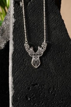 Geyik Model Siyah Mineli Gümüş Kolye